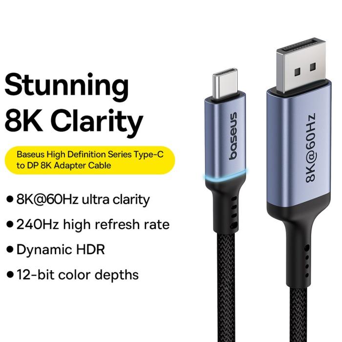 Bild 2, Baseus 2m USB-C - DisplayPort Nylon Kabel 8K 60Hz Svart