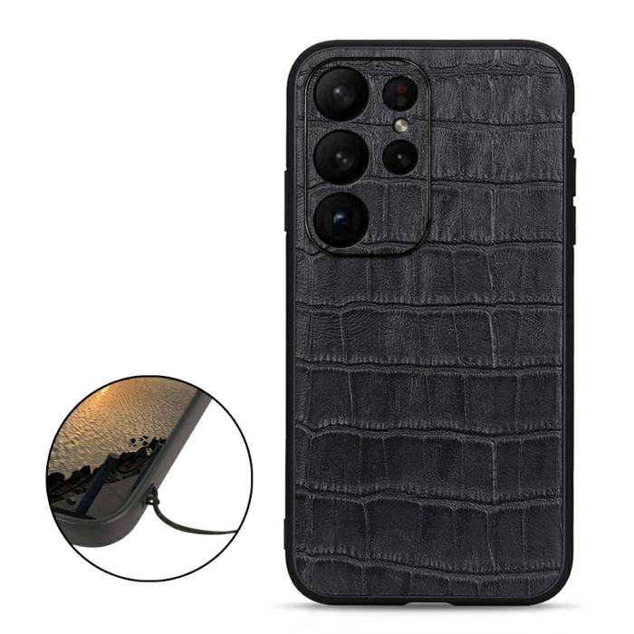 Bild 2, Samsung Galaxy S23 Ultra Skal Äkta Läder Krokodil Textur Svart