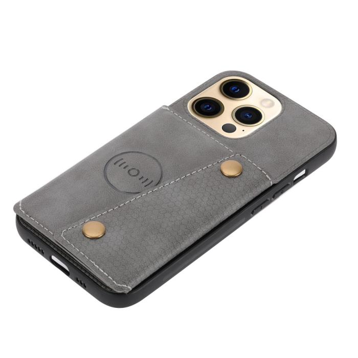 Bild 5, iPhone 13 Pro Max Skal Läder Med Kortfack Och Magnet Grå
