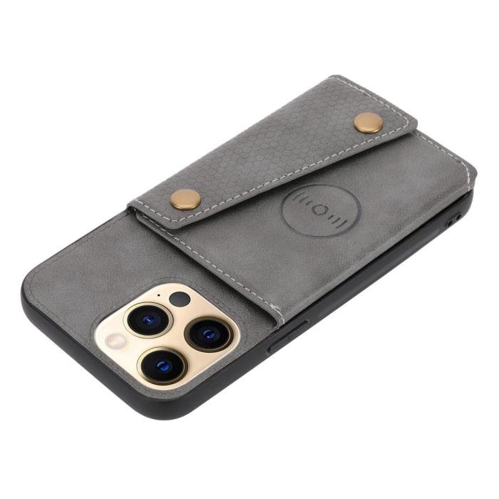 Bild 6, iPhone 13 Pro Max Skal Läder Med Kortfack Och Magnet Grå