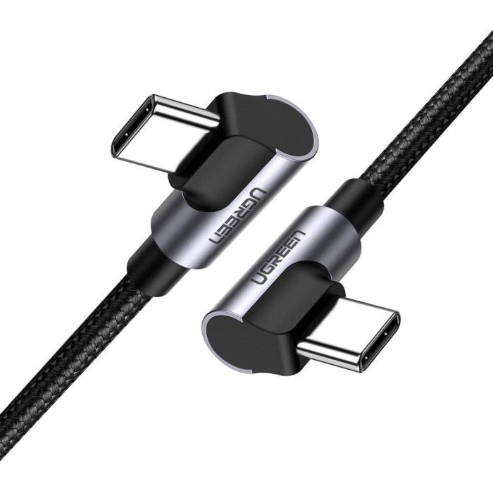 Bild 1, Ugreen 1m 3A Elbow USB-C PD QC FPC Flätad Nylon Kabel Svart/Grå