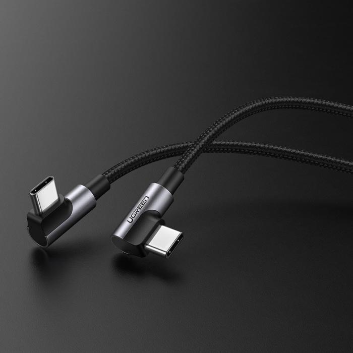 Bild 2, Ugreen 1m 3A Elbow USB-C PD QC FPC Flätad Nylon Kabel Svart/Grå