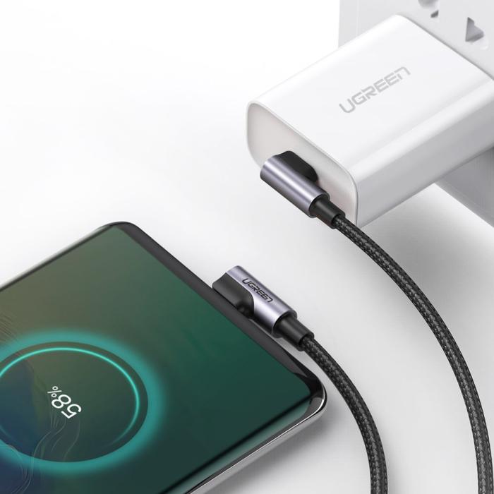 Bild 5, Ugreen 1m 3A Elbow USB-C PD QC FPC Flätad Nylon Kabel Svart/Grå