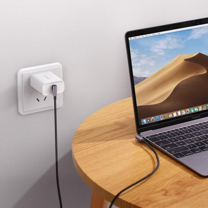 Bild 6, Ugreen 1m 3A Elbow USB-C PD QC FPC Flätad Nylon Kabel Svart/Grå
