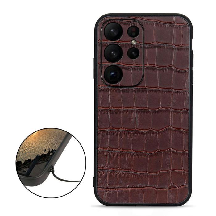 Bild 2, Samsung Galaxy S23 Ultra Skal Äkta Läder Krokodil Textur Brun