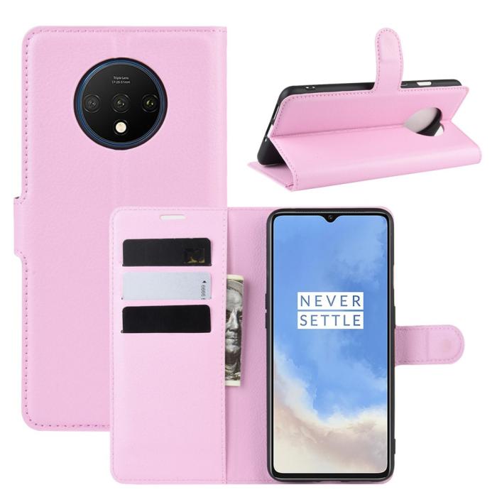 Bild 1, OnePlus 7T - Litchi Plånboksfodral - Ljus Rosa