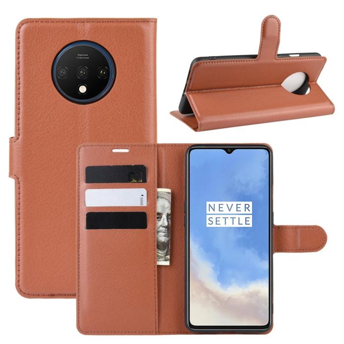 Bild 1, OnePlus 7T - Litchi Plånboksfodral - Brun