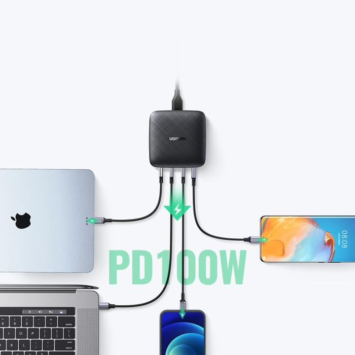 Bild 3, Ugreen 100W PD Reseladdare 3x USB-C / 1x USB-A Svart