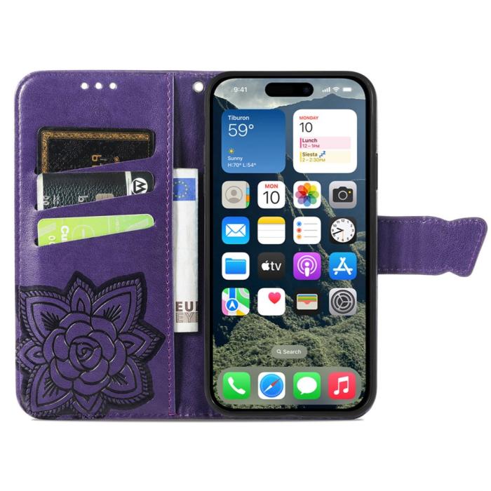 Bild 2, iPhone 16 Fodral Fjäril Tryck Mörk Lila
