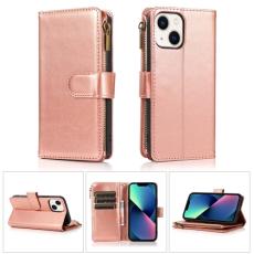iPhone 14 Fodral 9-kort Multifunktionell L&auml;der Ros&eacute;guld