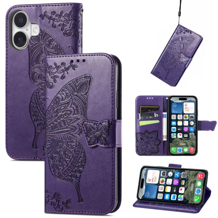Bild 4, iPhone 16 Fodral Fjäril Tryck Mörk Lila