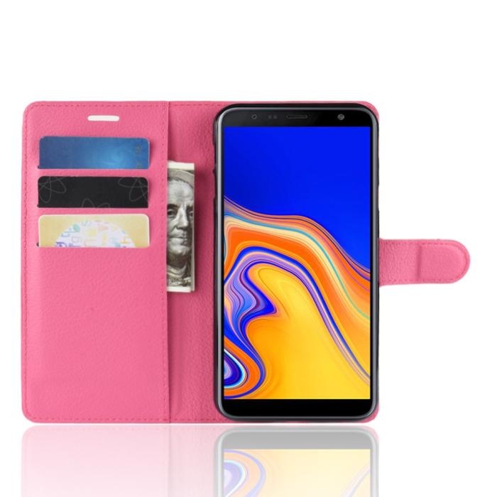 Bild 4, Samsung Galaxy J4 Plus - Litchi Plånboksfodral - Rosa