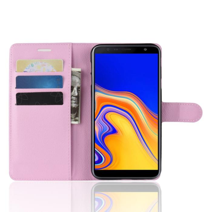 Bild 4, Samsung Galaxy J4 Plus - Litchi Plånboksfodral - Ljus Rosa