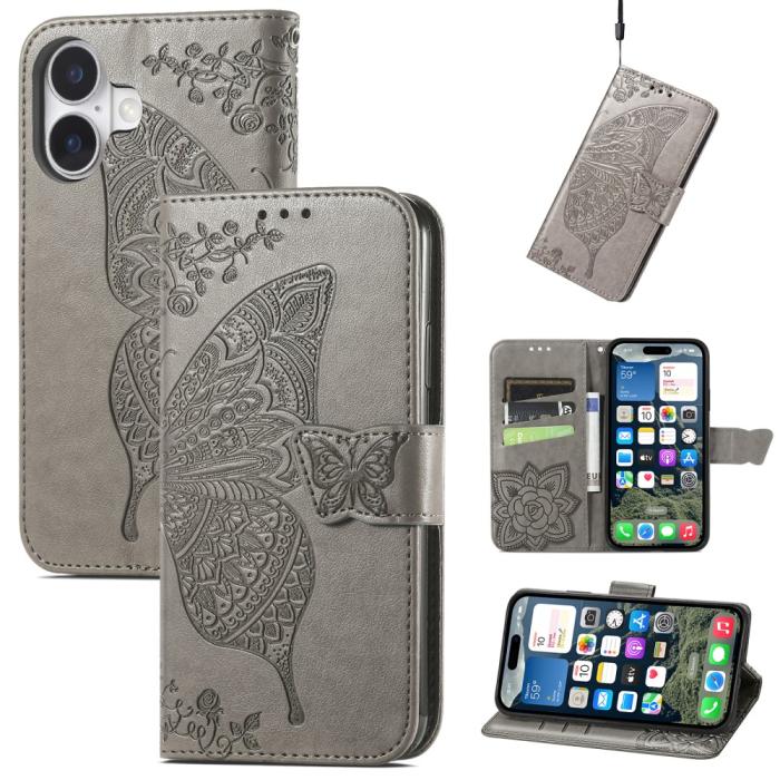 Bild 4, iPhone 16 Fodral Fjäril Tryck Grå
