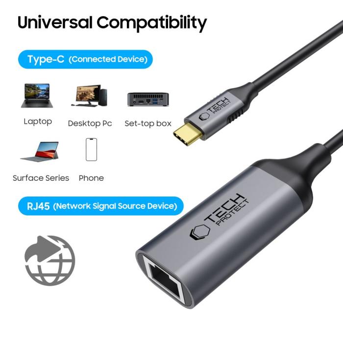 Bild 2, Tech-Protect USB-C - RJ45 Ethernet Adapter Ultraboost Svart