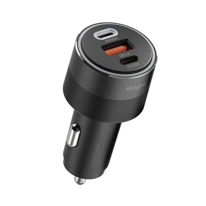 Bild 1, Ringke 30W PD/QC 3.0 Billaddare 3-port USB-C/USB-A Svart