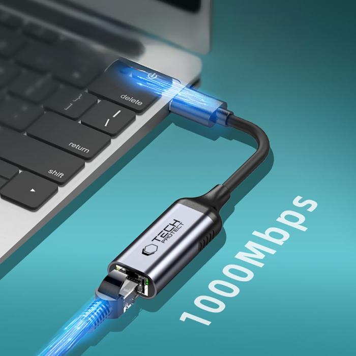 Bild 3, Tech-Protect USB-C - RJ45 Ethernet Adapter Ultraboost Svart
