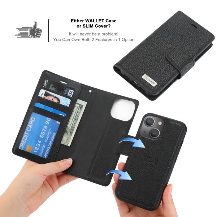 Bild 5, iPhone 14 2in1 Litchi Magnet Fodral / Skal Svart