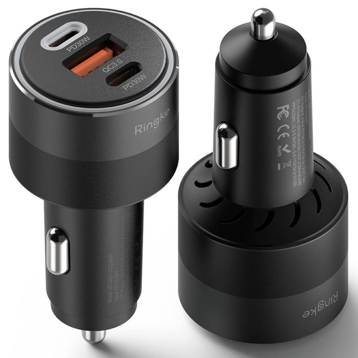 Bild 2, Ringke 30W PD/QC 3.0 Billaddare 3-port USB-C/USB-A Svart