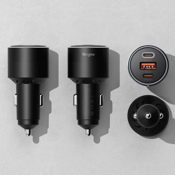 Bild 4, Ringke 30W PD/QC 3.0 Billaddare 3-port USB-C/USB-A Svart