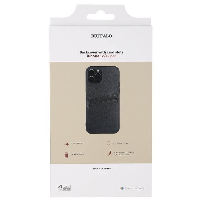 Bild 2, Buffalo iPhone 12 / 12 Pro Skal Läder Med 2 Kortfack Svart