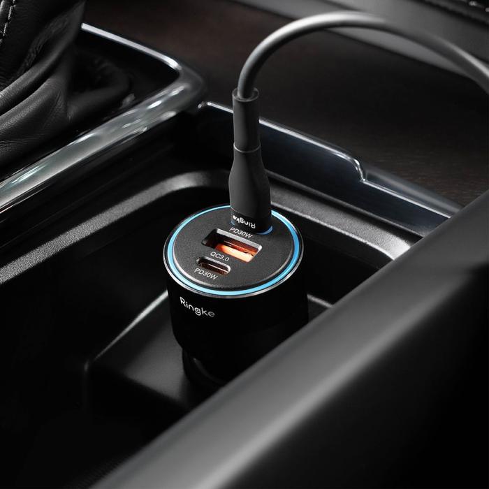 Bild 5, Ringke 30W PD/QC 3.0 Billaddare 3-port USB-C/USB-A Svart