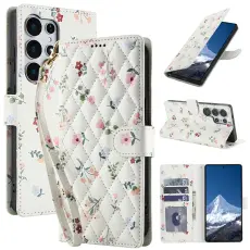 Samsung Galaxy S26 Ultra Fodral Rhombus L&auml;der Blommor Vit