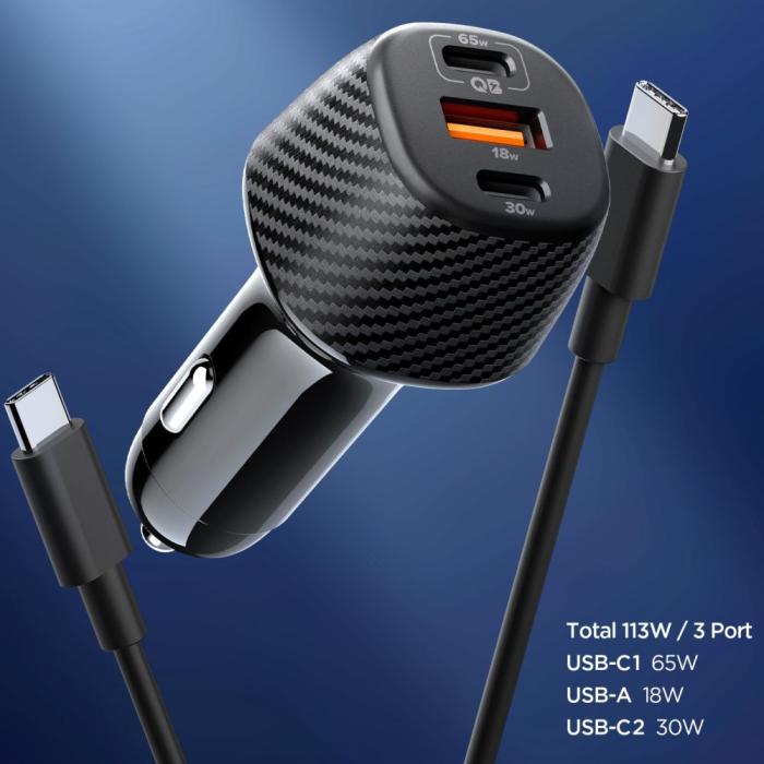 Bild 2, Spigen 113W USB-C / USB-A Billaddare Essential Svart