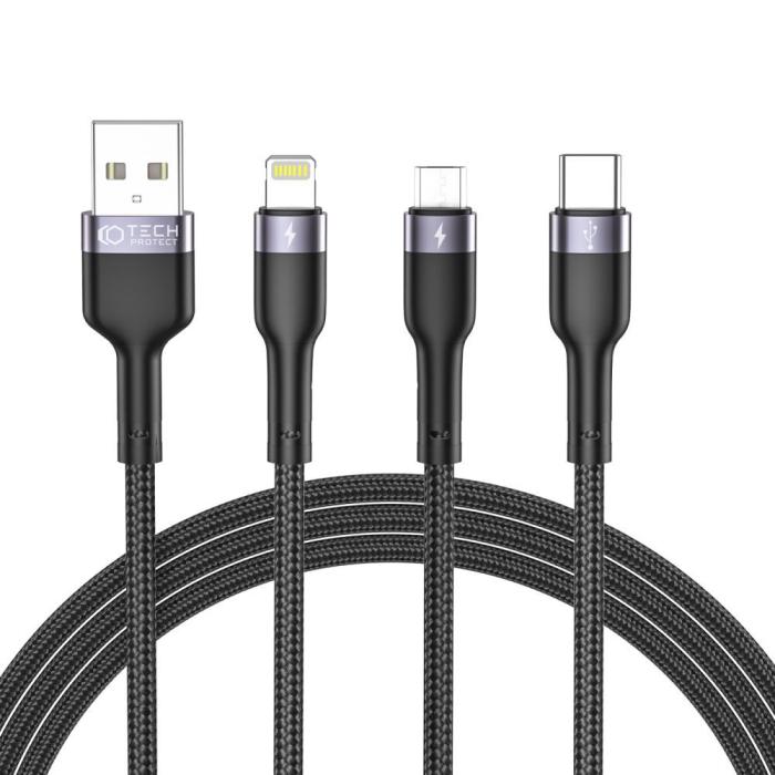 Bild 1, Tech-Protect 1.2m 3A 3in1 Lightning/USB-C/MicroUSB UltraBoost Svart