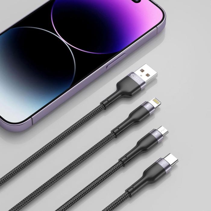 Bild 2, Tech-Protect 1.2m 3A 3in1 Lightning/USB-C/MicroUSB UltraBoost Svart