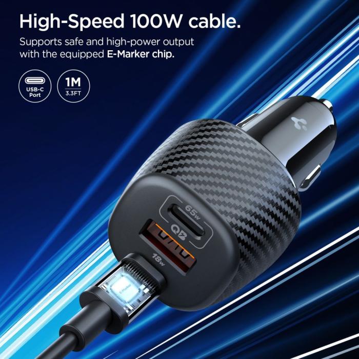 Bild 4, Spigen 113W USB-C / USB-A Billaddare Essential Svart