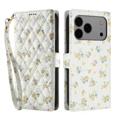 iPhone 17 Pro Fodral Rhombus L&auml;der Blommor Vit