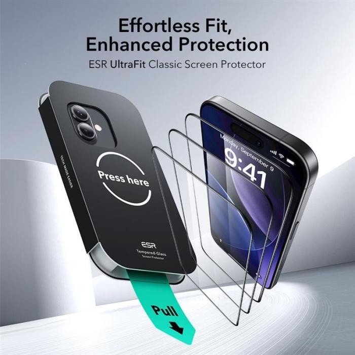 Bild 2, ESR iPhone 17 / 16 Pro 2-PACK Skärmskydd UltraFit Härdat Glas Transparent