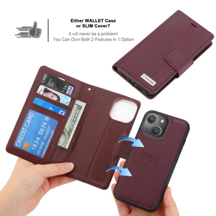 Bild 5, iPhone 14 2in1 Litchi Magnet Fodral / Skal Lila