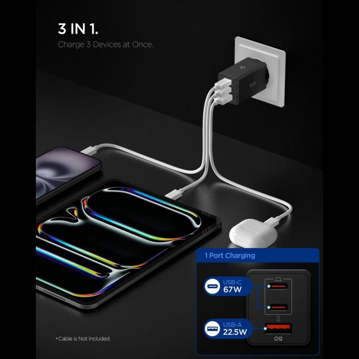Bild 3, Spigen 67W Väggladdare 2x USB-C / USB-A Essential Svart