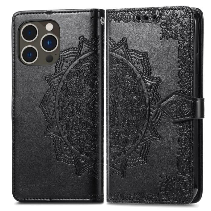 Bild 2, iPhone 15 Pro Fodral Mandala Läder Svart