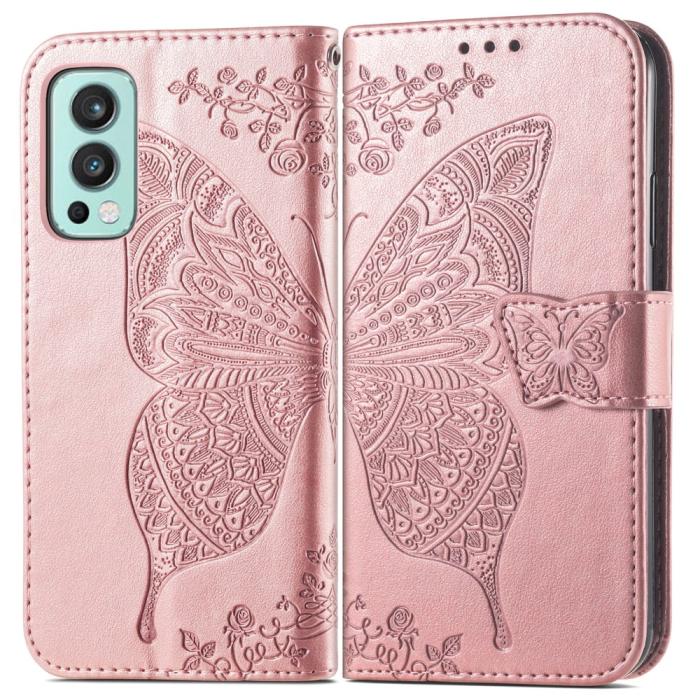 Bild 1, OnePlus Nord 2 5G - Butterfly Läder Fodral - Roséguld