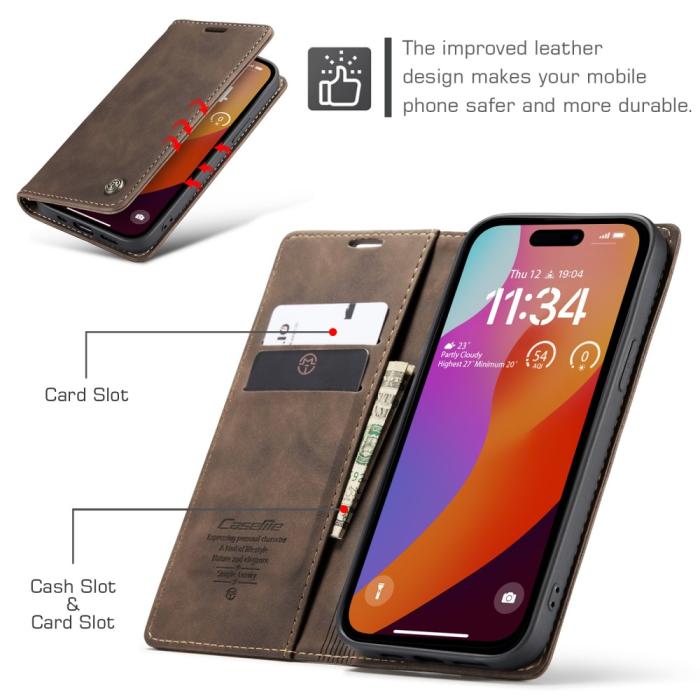 Bild 6, CASEME iPhone 16 Pro Max Fodral Flip Retro Läder Brun