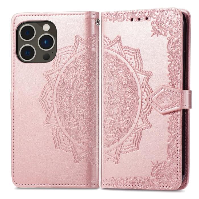 Bild 2, iPhone 15 Pro Fodral Mandala Läder Roséguld