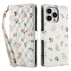 iPhone 16 Pro Max Fodral Rhombus L&auml;der Blommor Vit