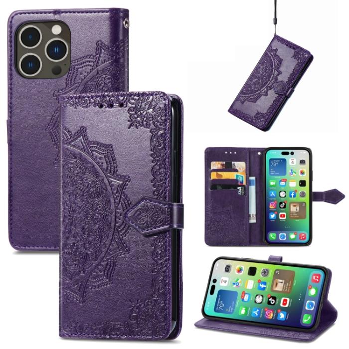 Bild 1, iPhone 15 Pro Fodral Mandala Läder Lila