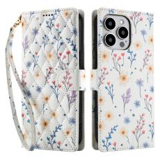 iPhone 16 Pro Max Fodral Rhombus L&auml;der Blommor Vit