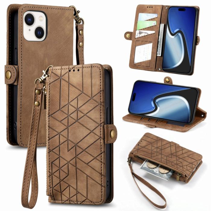 Bild 1, iPhone 15 Plus Fodral Geometri Med Snodd Brun