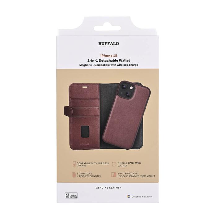 Bild 2, Buffalo iPhone 15 Fodral 2in1 Äkta Läder Brun