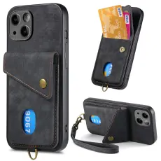 iPhone 15 Plus Skal Retro L&auml;der Med Kortfack Svart