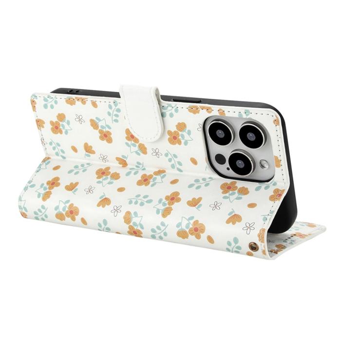 Bild 3, iPhone 16 Pro Max Fodral Rhombus Läder Blommor Vit