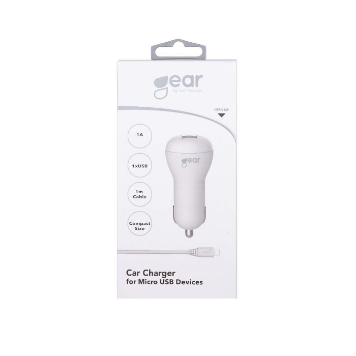 Bild 2, GEAR Billaddare 1xUSB 1A MicroUSB Kabel 1m Vit