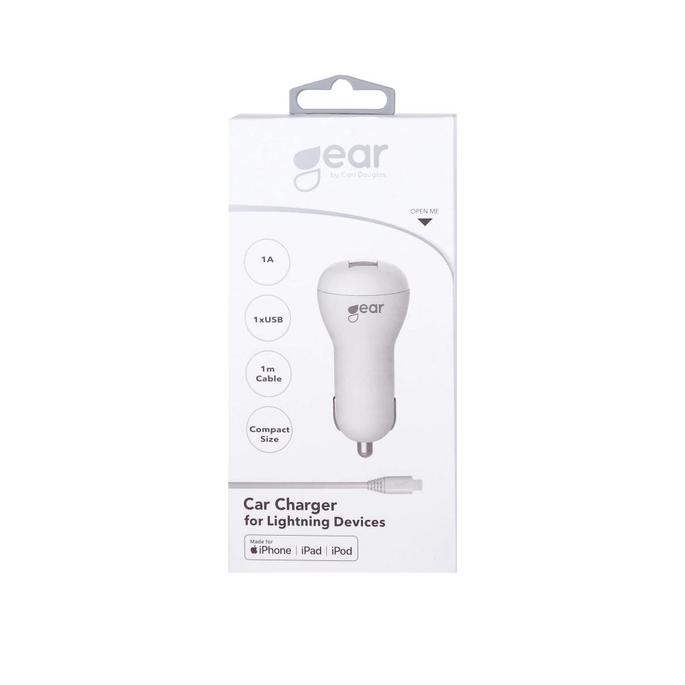 GEAR Billaddare MFi 1xUSB 1A Lightning Kabel 1m Vit