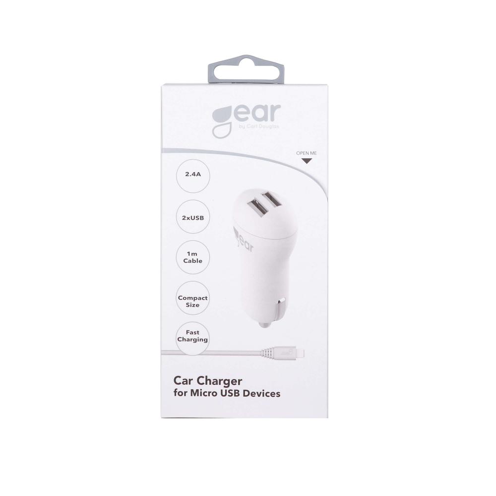 GEAR Billaddare 2xUSB 2.4A MicroUSB Kabel 1m Vit