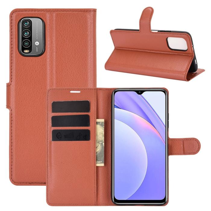 Bild 1, Xiaomi Redmi 9T - Litchi Läder Fodral - Brun